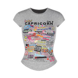 Cartoon Print Short Sleeves Front Shoulder T-Shirt Girl Summer New Body Repair Small Man Waist Tight Short Round Collar Top