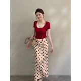 2026 Summer New Retro Port Storm Red Short-Sleeved Top With Casual Slimming Skirt Two-Piece Set