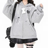 Asian Culture Wears A Skeleton Cat Ear Hooded Coat Female Autumn And Winter Plus Velvet Leisure Lazy Gray Sweater