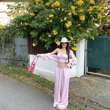 Island Vacation Relaxing Sweet Spice Girl Pink Striped Set Women's Summer Suspension Loose Shirt Broad Leg Pants Three Sets