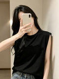 Can Shoulder White T-Shirt Women Sleeveless Summer Korean Version Of Loose Round Neck Solid Color Net Version Wide Shoulder Outside Wearing Waistcoat