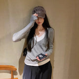 Fake Two New Autumn V-Neck Knitted Shirt Women Design Feel Solid Color Inside The Long Sleeve Bottom Top