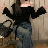 Black Word Shoulder Long Sleeve Sunscreen T-Shirt Women Early Autumn New Thin Design Feel Shoulder Slings In The Tide