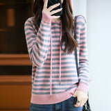 100% Pure Wool 2026 Autumn And Winter New Women's Loose Hooded Hooded Striped Knitted Sweater