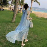 Designing A Small Blue Hanging Neck T-Shirt With Super Fairy Slings Long Skirt Seaside Holiday Photo Dress