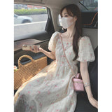 Fat Mm Gentle Style French Embroidered Flower Dress Women's Summer Large Size High Sense Waist Thin Bubble Sleeve Long Skirt