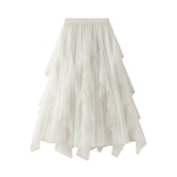 2025 Spring New High-Waisted Lotus Leaf Side Splicing Mesh Dress Half-Dress Woman's Long-Term Large Folding Skirt 0889