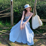 Beautiful Niche Heavy Industry Design Sense Of National Style Light Blue Pin To Receive The Belt Sling Dress Dating Tuxedo Dress