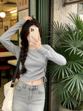 Autumn Long-Sleeved T-Shirt Women Thin Bottom Shirt Drawstrings With Bottom Shirt Slim Slim Thin Short Top