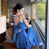 Broken Flowers Blue Hanging Dress Women's Summer Pure Lust Wind High Backs Thin Hottie Dress Seaside Photo Clothes