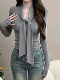Autumn And Winter With Pure Temperament Tight Short V Tie With Long-Sleeved T-Shirt Slimy Sexy Top