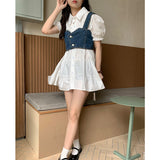 Fashion Suit Women's 2025 Summer Sweet Spicy Bubble Sleeve Shirt Dress Denim Vest Small Two-Piece Set