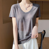 2026 Spring And Summer Women's New Shoulder Short T-Shirt Fashion U Collar Slim Bottom Shirt Short Sleeve Thin Fashion Top