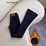 Black Plus Velvet Micro-Horn Jeans Women 2025 Autumn And Winter Trend New High-Rise Slim Slim Elastic Trumpet Pants