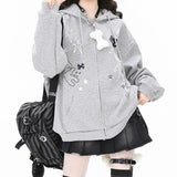 Asian Culture Wears A Skeleton Cat Ear Hooded Coat Female Autumn And Winter Plus Velvet Leisure Lazy Gray Sweater