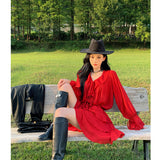 Bohemian Costume Dress Girl Yunnan Dali Tourism To Take Pictures Of The National Wind Red Long-Sleeved Top Skirt Set