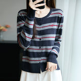 Fine-Woven Wool 2026 Autumn And Winter New Lady Loose Round Collar Striped Embroidered Short Knitted Open Shirt Jacket