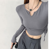 Designing The Babes On Both Sides Of The Drawstring Folds Small V-Neck Long-Sleeved T-Shirt Girl Elastic Repair Slim Short Umbilical Top
