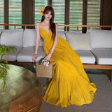 Dopamine-Miny Yellow Sling With Button-Dew Back Sling Fairy Long Dress Island Resort Beach Skirt