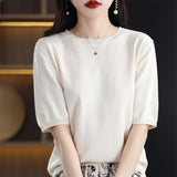 100% Cotton Sweating 2026 Spring And Summer New Round Collar Through Short T-Shirt Solid Five-Sleeve Temperament Knitted Shirt