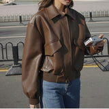 Brown Leather Coat Woman 2026 New Retro Leisure Small Locomotive Suit Pu Leather Jacket Top