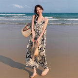 China Feng Shui Ink Print V Tie Dress Summer Women's Small Loose Lazy Over The Knee Long