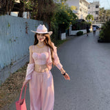 Island Vacation Relaxing Sweet Spice Girl Pink Striped Set Women's Summer Suspension Loose Shirt Broad Leg Pants Three Sets