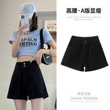 Covered Roll-Side Denim Shorts Women Summer Thin High-Waisted A Word Thin Leather Standard White Broad Legs Wearing Hot Pants