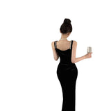 Birthday Dinner Hepburn Style Dress High-End Repair Body Open Fork Diamond Black Velvet Sling Dress Female Long