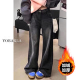 Black-Gray Straight Jeans Women Autumn And Winter Plus Velvet Large-Size Fat Mm Loose Thin Pear-Shaped Tall Waist Broad Leggings