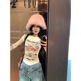 Cartoon Print Short Sleeves Front Shoulder T-Shirt Girl Summer New Body Repair Small Man Waist Tight Short Round Collar Top
