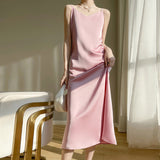 Silk Satin 2026 Spring And Summer New Women's V-Neck Long Dress Solid Color Temperament Adjustable Long Dress Sleeveless Sleeveless Sling