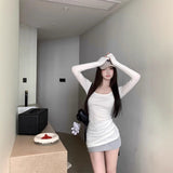 Blue Thin Slim Long-Sleeved T-Shirt Girl Spring Sweet Hot Girl Tight U Collar With Bottom Shirt Casual Sunscreen Top