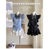 College Style Small Flying Sleeve Bow Striped Shirt Female Summer Design Sense Small Poneng Short Skirt Two Sets