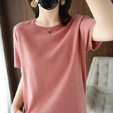 2026 Spring New Pure Cotton Sweat-Sucking T-Shirt Women's Round Collar Collar Head Short-Sleeved Knitwear