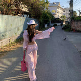 Island Vacation Relaxing Sweet Spice Girl Pink Striped Set Women's Summer Suspension Loose Shirt Broad Leg Pants Three Sets