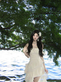 2025 Summer New French Holiday Rose Temperament Long Tail Sleeveless Atmosphere Slings Wave Dot Dress