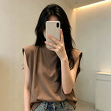 Can Shoulder White T-Shirt Women Sleeveless Summer Korean Version Of Loose Round Neck Solid Color Net Version Wide Shoulder Outside Wearing Waistcoat