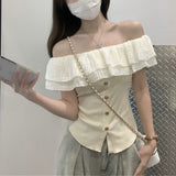 Design Sense Of A Small Sense Of Chic Waist Blouse Summer New Women's Style French Lotus Side Shoulder Short-Sleeved T-Shirt