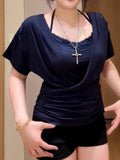 Fat Sister Pure Hottie Big Neckline Neckline Waist Short Sleeve Top Lady Summer New Lace Hanging Neck Sling Suit