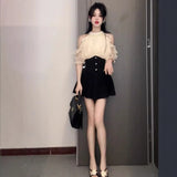2026 Summer New Pearl Hanging Shoulder Temperament Bright Silk Chiffid Dress Women Waist Short Skirt Two Sets