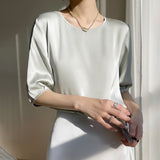 Airable Silk Satin 2026 Spring And Summer New Women's Round Collar Loose Solid Color Acetic Satin Noodles T-Shirt