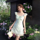 Dopamine Mint Green Flower Dress Women's Summer Gentle Wind Leaster Stitching Small Flying Sleeves To The Waist-Ponded Skirt