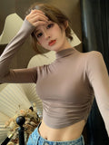 Early Autumn Hottie Wind Folded Shoulder Long-Sleeved T-Shirt Design Black Thin Half-High Collar Short Umbilical Top