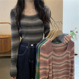 Crash Striped Long-Sleeved Knitted Shirt Women Autumn Design Sense Of Small Slim Slimming Short Chic On The Dress