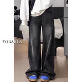Black-Gray Straight Jeans Women Autumn And Winter Plus Velvet Large-Size Fat Mm Loose Thin Pear-Shaped Tall Waist Broad Leggings