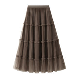 Fashion Temperament A-Word Fairy Net Yarn Half-Dress Woman 2025 Autumn New Big Swing Splicing Long Dress 8605