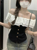 Design Sense Of A Small Sense Of Chic Waist Blouse Summer New Women's Style French Lotus Side Shoulder Short-Sleeved T-Shirt