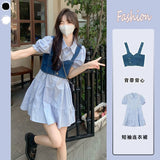 Fashion Suit Women's 2025 Summer Sweet Spicy Bubble Sleeve Shirt Dress Denim Vest Small Two-Piece Set