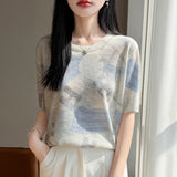 Bamboo Syringe 2026 Spring And Summer Women's New High-End Water-Soluble Printing Round Collar Knitting Short-Sleeved Loose Thin T-Shirt